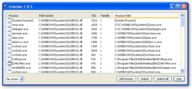 Unlocker displaying list of processes which have a lock on C:WindowsSystem32user32.dll
